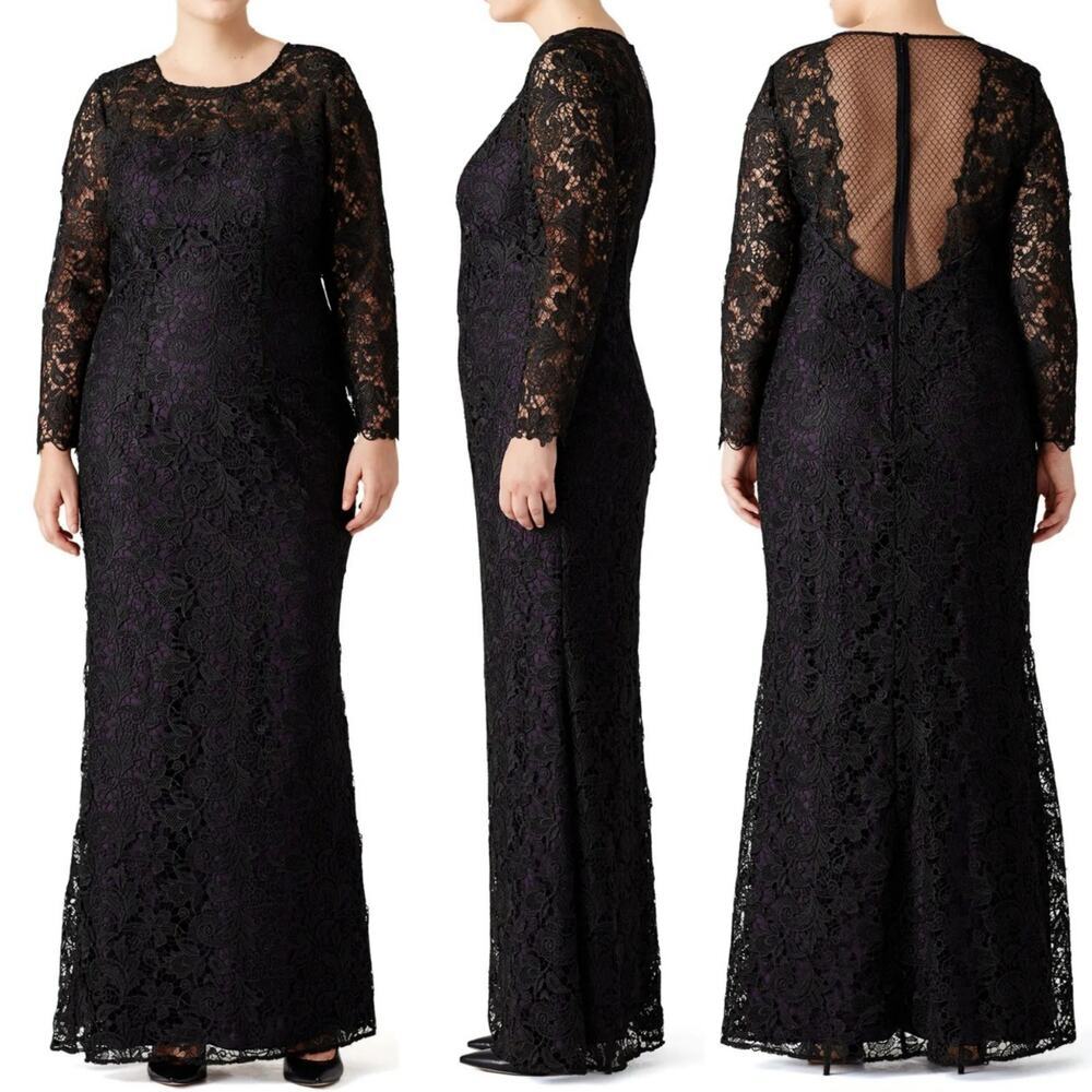 ML Monique Lhuillier Black Lace Illusion Back Column Gown Plum Lining 16 EUC - Picture 3 of 5